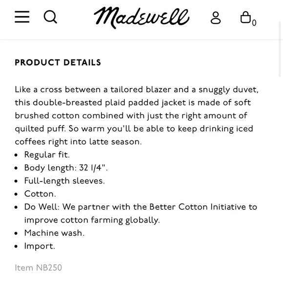 NWT Madewell Fall 2021 Padded Jacket in Plaid Antique Cream size XS NB250 - Picture 7 of 12